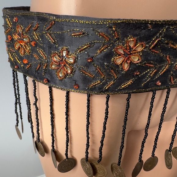 Belly dance Beaded Coin Belt Brown Gold Floral Embroidered Boho Hip Scarf Tier - Picture 4 of 8